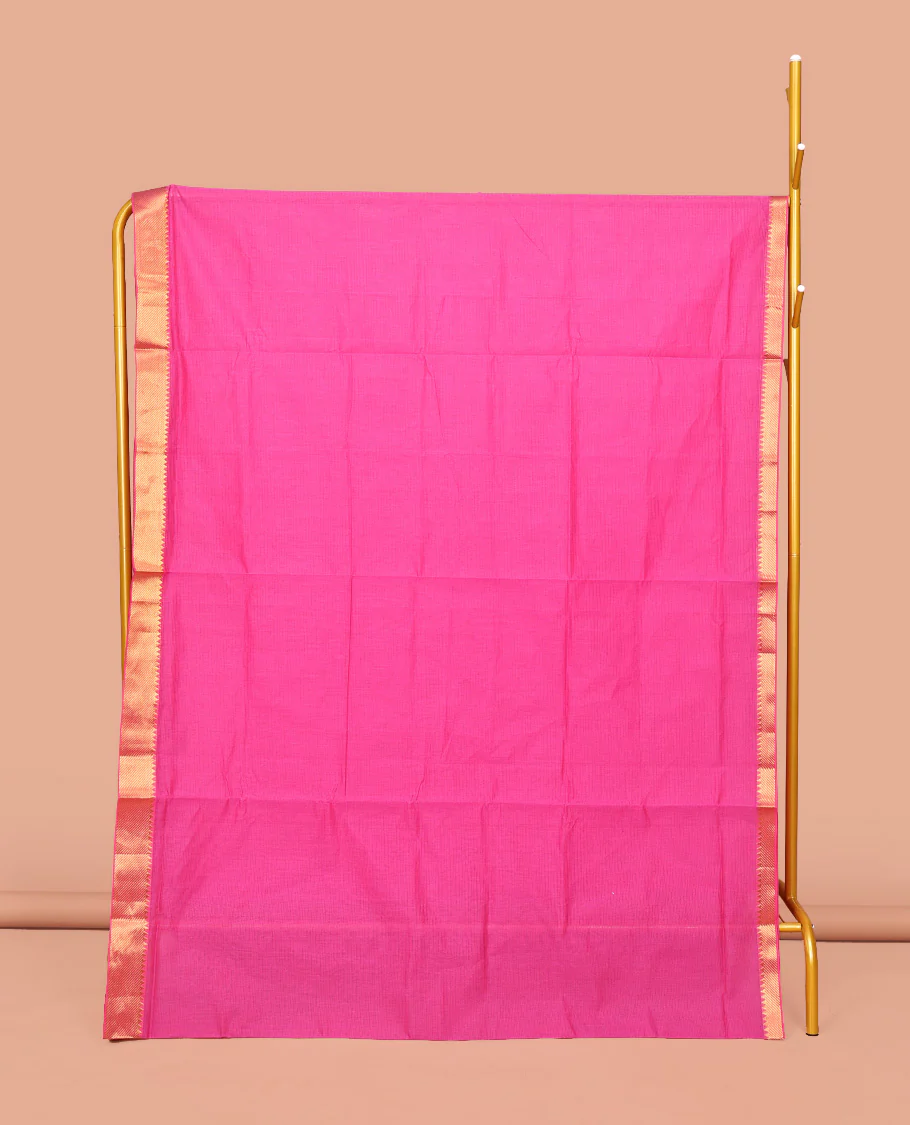 Rani Pink Sparsely Striped Mangalgiri Cotton Saree, Highlighted by a Zari Border, Gleaming Zari-Striped Pallu, and Paired with a Matching Blouse