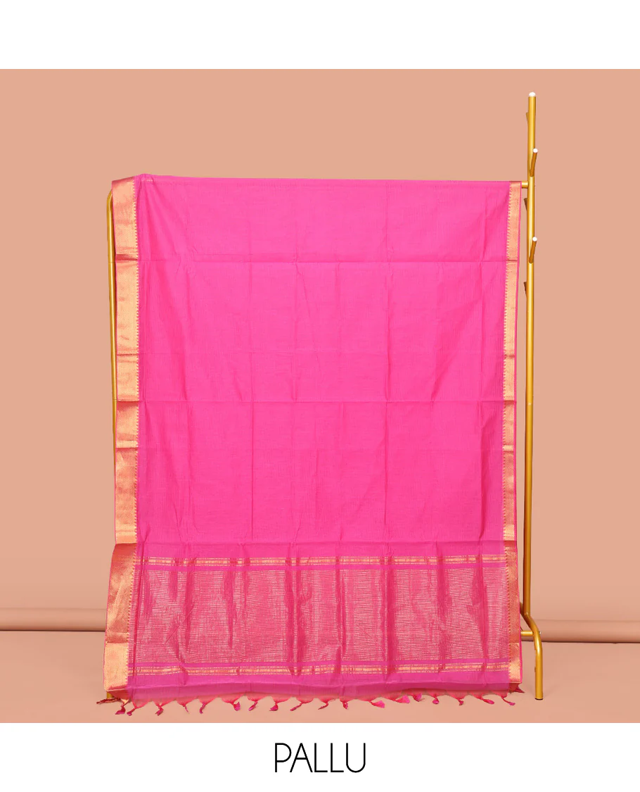 Rani Pink Sparsely Striped Mangalgiri Cotton Saree, Highlighted by a Zari Border, Gleaming Zari-Striped Pallu, and Paired with a Matching Blouse - Image 2