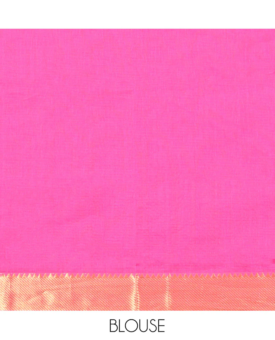 Rani Pink Sparsely Striped Mangalgiri Cotton Saree, Highlighted by a Zari Border, Gleaming Zari-Striped Pallu, and Paired with a Matching Blouse - Image 3