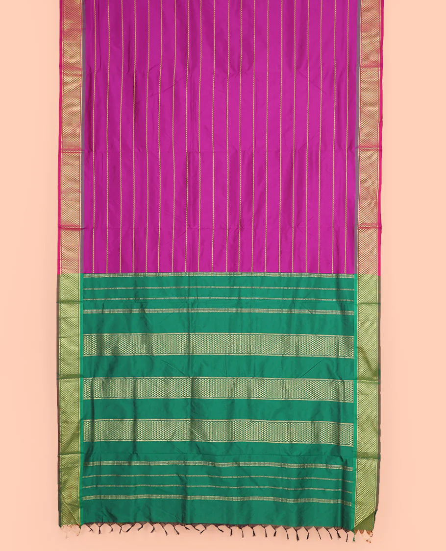 Rani Pink Ten-Yard Art Silk Saree Accentuated with Neli Stripes on Its Body, Complemented by a Contrast Traditional Ara Maadam Border, and Pallu Elevated with Traditional Ara Maadam Designs - Image 2