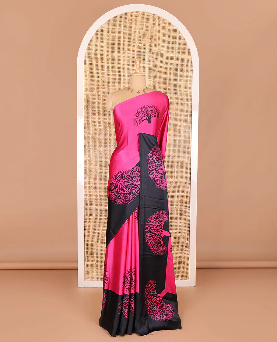 Rani pink tree motifs digitally printed Gajji silk saree with contrast printed border of upside down tree motifs, and contrast printed blouse - Image 2