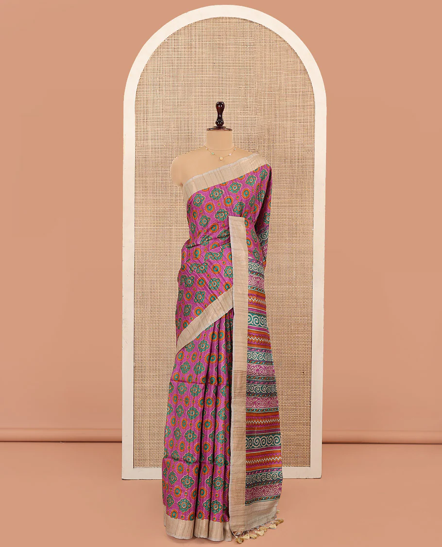 Rani Pink Tussar Silk Saree, Vibrantly Printed with Intricate Motifs All Over Its Body, Featuring a Contrast Zari Border, Pallu of Floral-Geometric Print, and Paired with a Contrast Blouse - Image 3