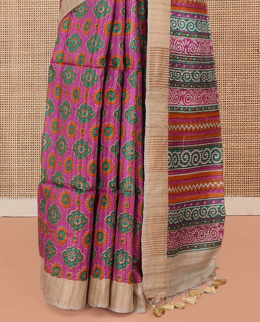 Rani Pink Tussar Silk Saree, Vibrantly Printed with Intricate Motifs All Over Its Body, Featuring a Contrast Zari Border, Pallu of Floral-Geometric Print, and Paired with a Contrast Blouse - Image 4