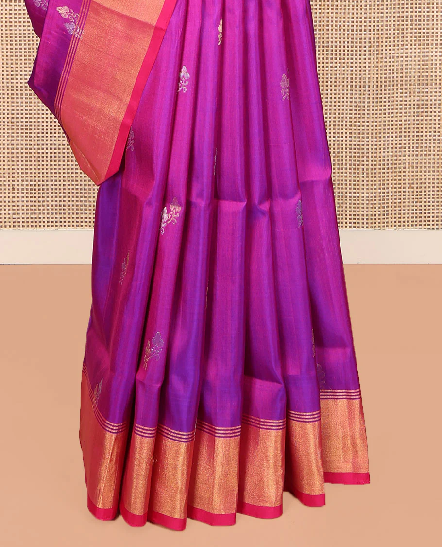 Rani Pink Uppada Silk Saree, Prettified with Zari Buttas All Over Its Body, Complemented by a Contrast Bavanji Border, Pallu Steeped with Zari Buttas, and Paired with a Contrast Blouse - Image 4