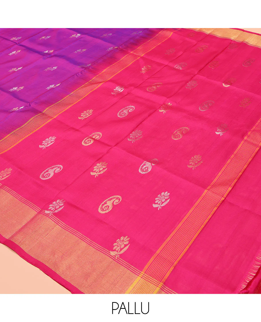 Rani Pink Uppada Silk Saree, Prettified with Zari Buttas All Over Its Body, Complemented by a Contrast Bavanji Border, Pallu Steeped with Zari Buttas, and Paired with a Contrast Blouse - Image 5