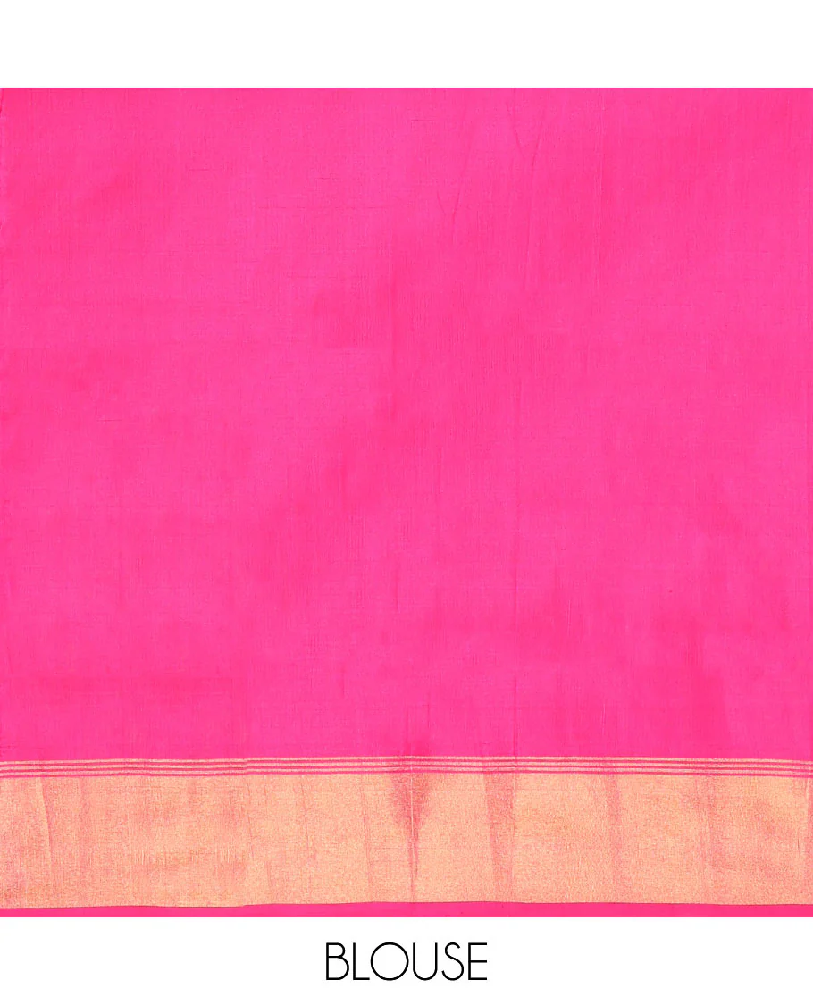 Rani Pink Uppada Silk Saree, Prettified with Zari Buttas All Over Its Body, Complemented by a Contrast Bavanji Border, Pallu Steeped with Zari Buttas, and Paired with a Contrast Blouse - Image 6