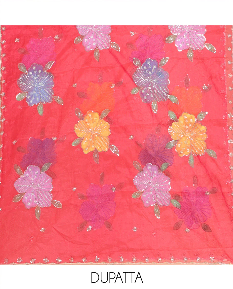 Rani Pink Vichitra Silk Material Chudidar Set, Graced with Pom-Pom Necklined Top, a Plain Santoon Bottom, and Paired Scallop Multi-Color Floral Embroidered Organza Dupatta - Image 2
