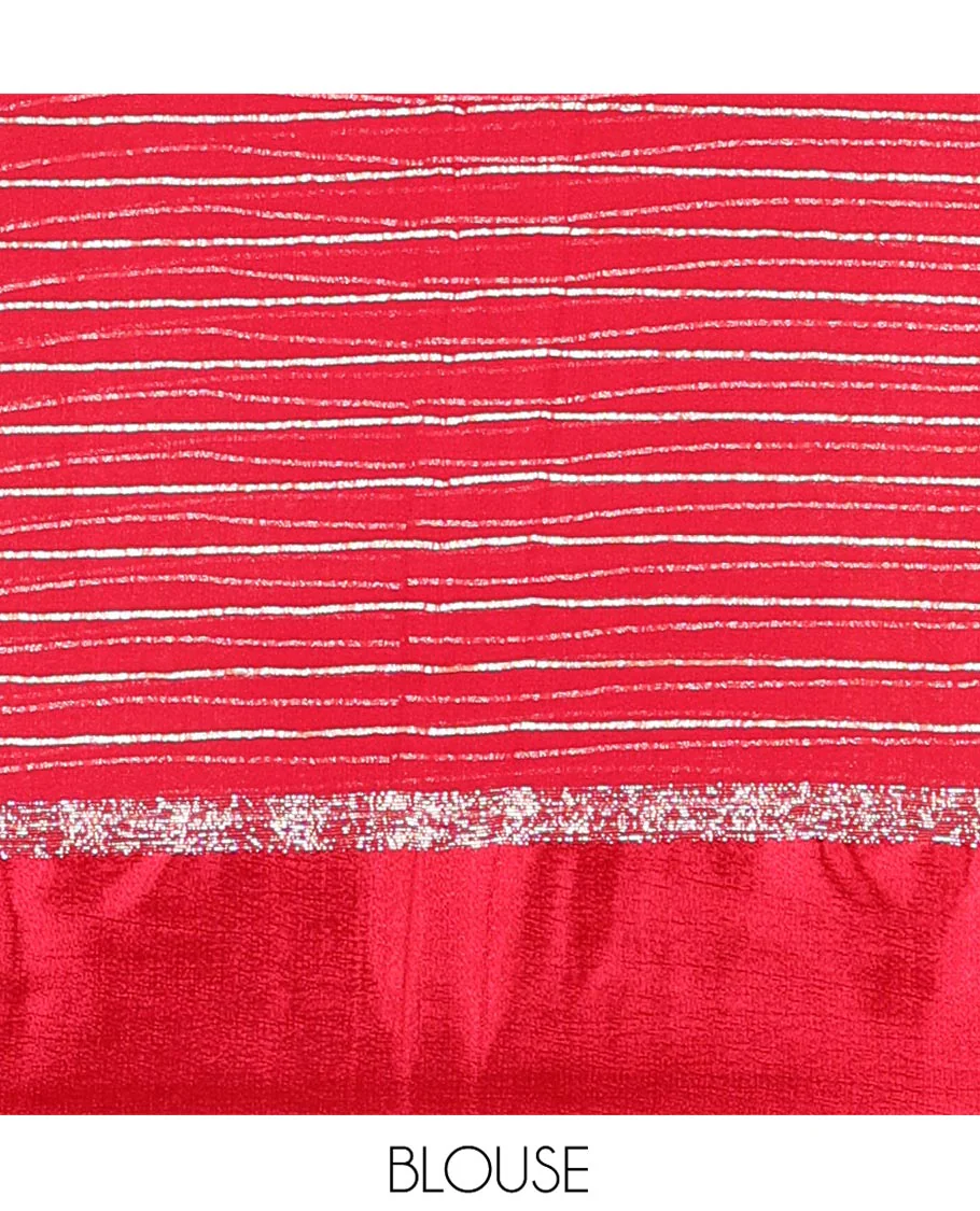 Rani Pink Viscose Georgette Saree Gleamed with Horizontal Golden Zari Stripes All Over Its Body, Accentuated by a Satin Plain Border, a Self Pallu Featuring the Same Horizontal Stripes, and Paired with a Running Blouse - Image 3