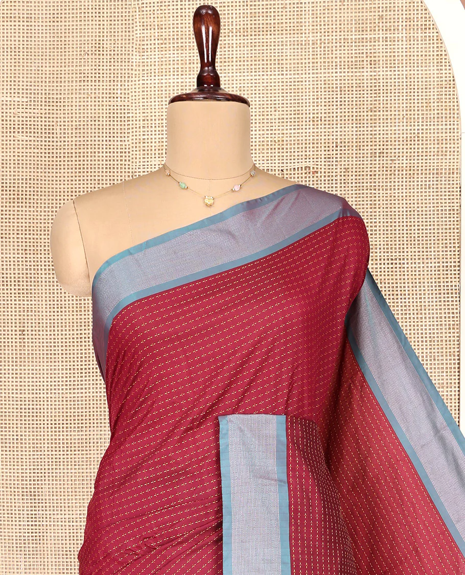 Red Aarani Gift Saree, Steeped with Buttas on Its Body, Complemented by a Contrast Border, a Self-Pallu of Stripes, and Paired with a Matching Blouse - Image 2