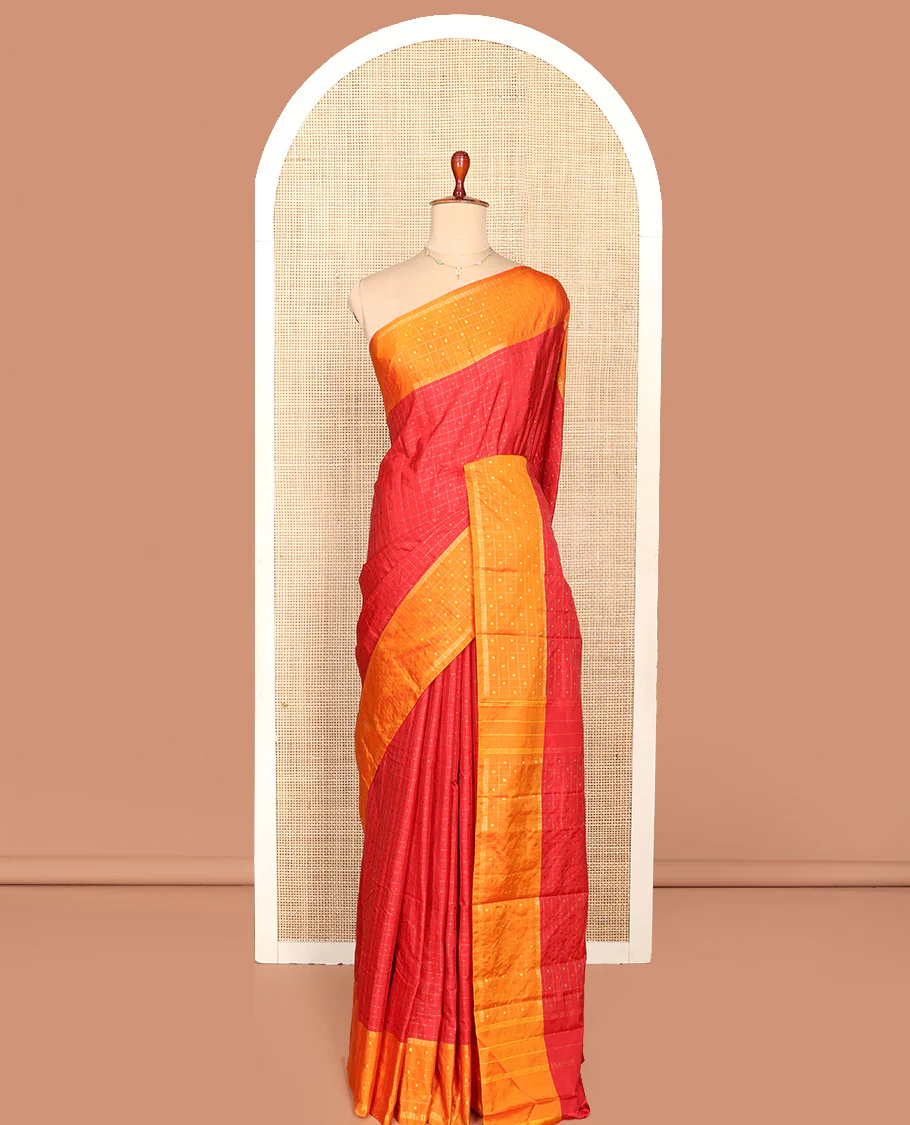 Red Aarani Silk Saree, Elevated with Butta Enclosed Checks, Complemented by a Contrast Butta Enclosed Checked Border, Zari Design Pallu, and Paired with a Matching Blouse - Image 3
