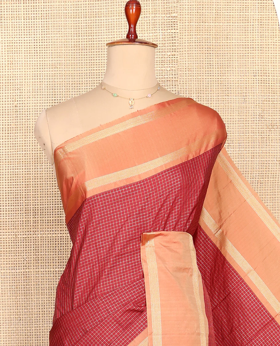 Red Aarani Silk Saree, Enriched with Zari Micro-Checked Design All Over Its Body, Complemented by a Contrast Rettai Pettu Border, Pallu of Stripes, and Paired with a Matching Blouse - Image 2