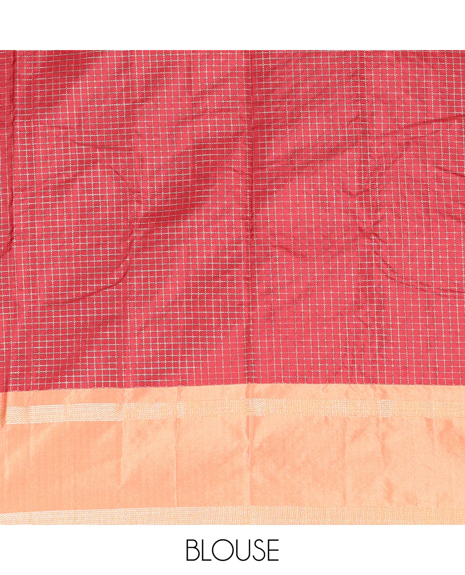 Red Aarani Silk Saree, Enriched with Zari Micro-Checked Design All Over Its Body, Complemented by a Contrast Rettai Pettu Border, Pallu of Stripes, and Paired with a Matching Blouse - Image 3