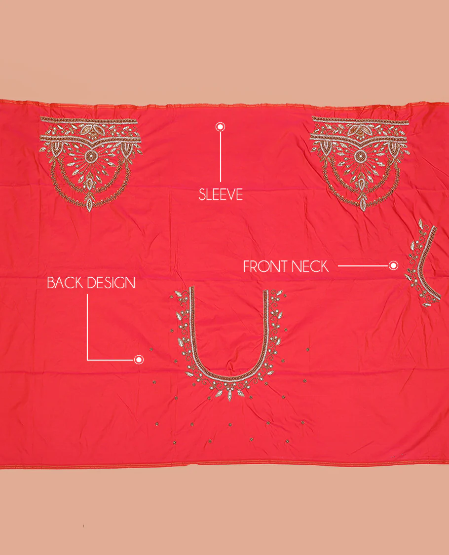 Red Aari Blouse Material, Artfully Embroidered with Intricate Bead Embroidery on Its Sleeves, and Intricately Embroidered Back and Front Neck - Image 2
