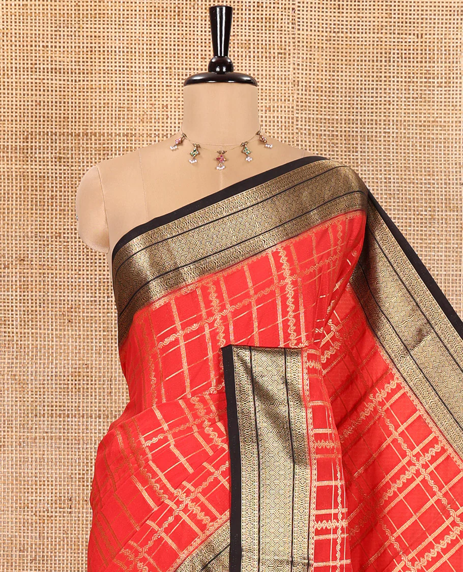 Red and Black Semi-Mysore Silk Saree Enriched with Intricate Zari Checks on Its Body, Complemented by a Contrast Geometric Patterns Zari Woven Border, Pallu Spotlighted with Chakram Motifs, and Paired with a Contrast Blouse - Image 2