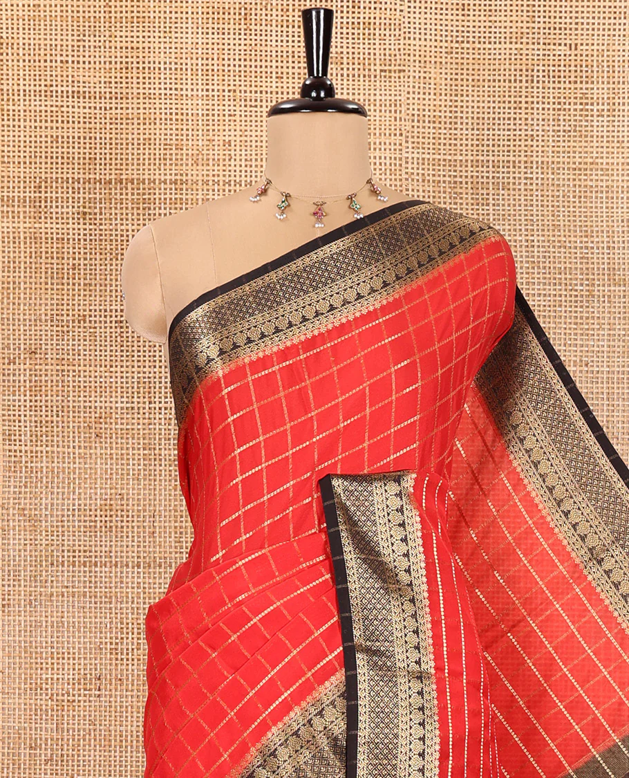 Red and Black Semi-Mysore Silk Saree Gleamed Up with Zari Checks All Over Its Body, Complemented by a Contrast Traditional Zari Design Woven Border, Captivating Zari Designs Woven Pallu, and Paired with a Contrast Blouse - Image 2
