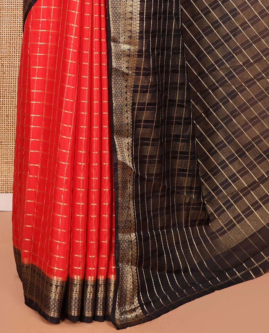 Red and Black Semi-Mysore Silk Saree Gleamed Up with Zari Checks All Over Its Body, Complemented by a Contrast Traditional Zari Design Woven Border, Captivating Zari Designs Woven Pallu, and Paired with a Contrast Blouse - Image 3