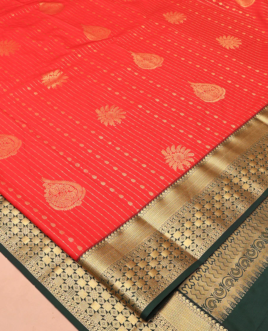 Red and Dark Green Budget Silk Saree, Steeped with the Richness of Zari Designs On Its Body, Complemented by Contrast Traditional Zari Designs Woven Border, Grand Pallu and Paired with a Contrast Blouse - Image 2