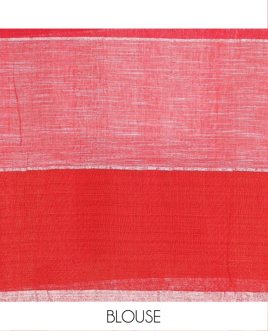Red and Pink Zari Checked Khadi Linen Saree, Subtly Woven Silver Zari Piping Border, Pallu Steeped with Silver Zari Stripes, and Comes with a Matching Blouse - Image 3