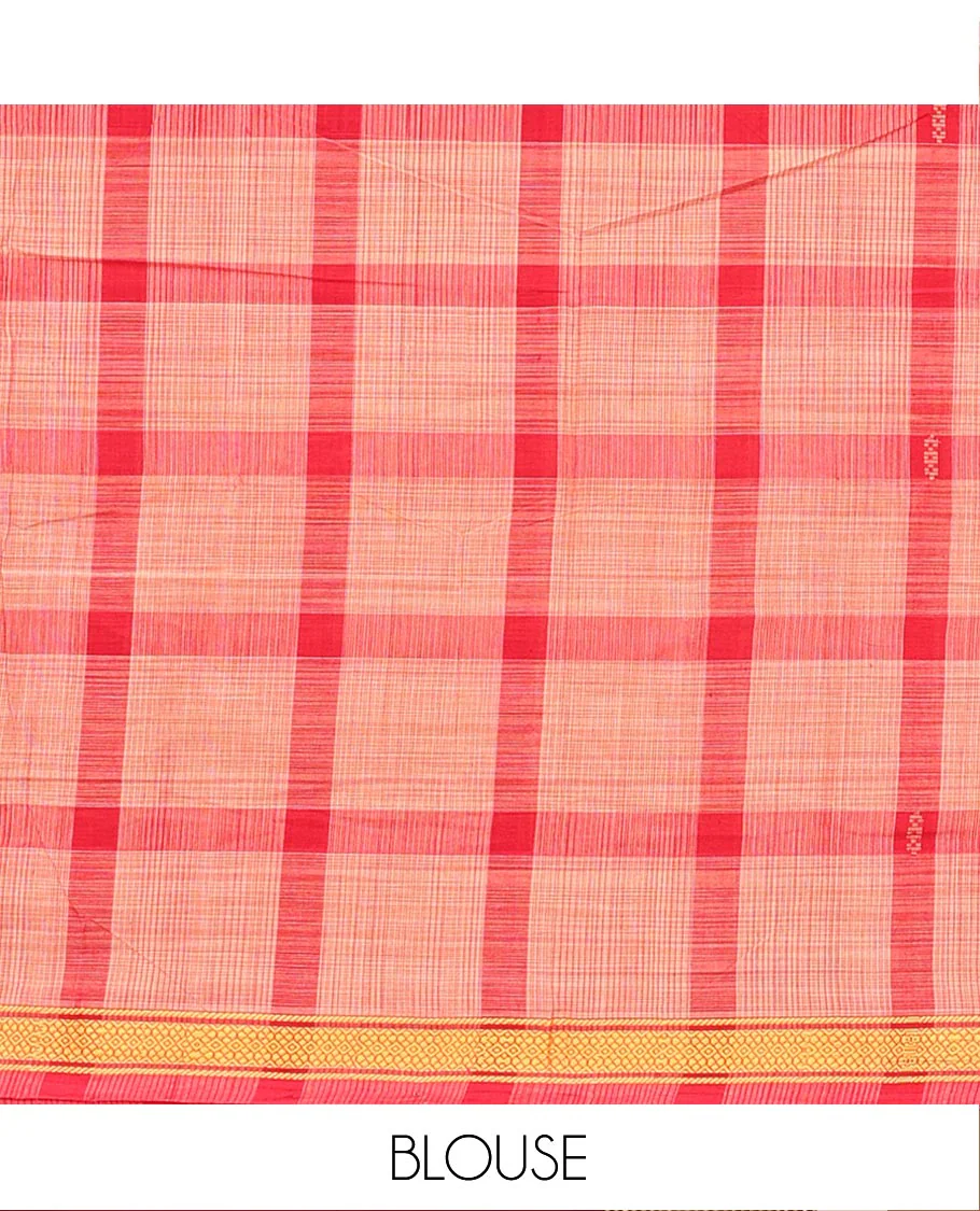 Red Andhra Cotton Saree, Showcasing Big Checked Design All Over Its Body, Subtly Sparked with a Traditional Border, Pallu of Stripes, and Paired with a Matching Blouse - Image 4