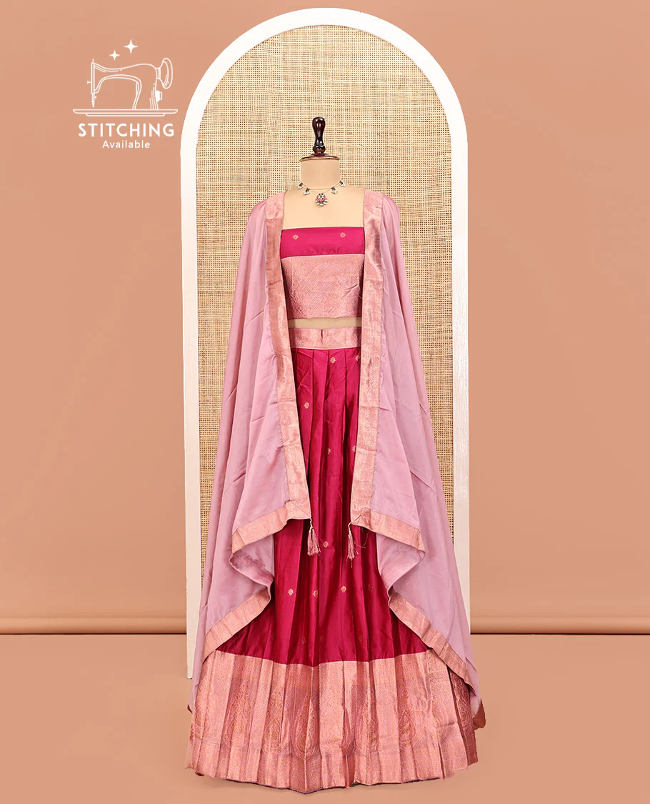 Red Art Silk Half Saree Features Buttas Skirt, Complemented by Contrast Traditional Border, Matching Blouse, and a Plain Zari-Bordered Dhavani - Image 2