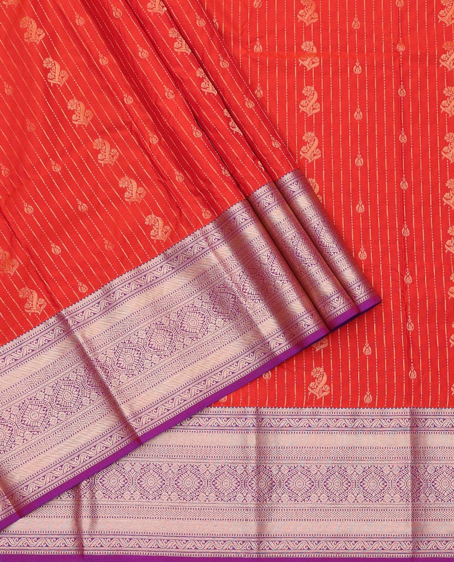 Red Art Silk Pavadai Material Set, Beautified with Zari Designs on Its Skirt, Complemented by a Contrast Traditional Zari Design Border, and Paired with a Contrast Blouse - Image 2