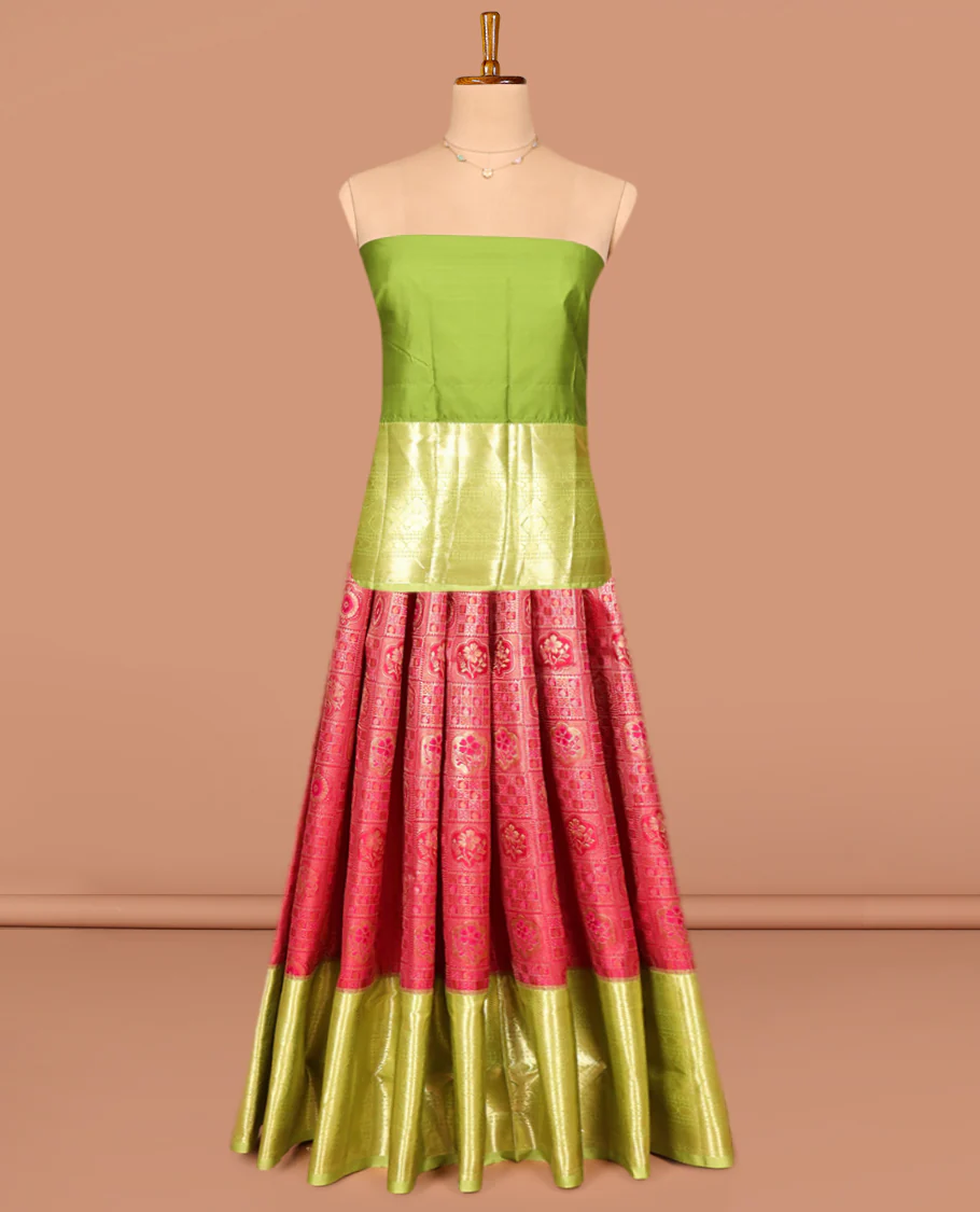 Red Art Silk Pavadai Material Set, Gracefully Embellished with Jacquard Design on Its Skirt, Complemented by a Contrast Traditional Zari Designs Border, and Paired with a Contrast Blouse
