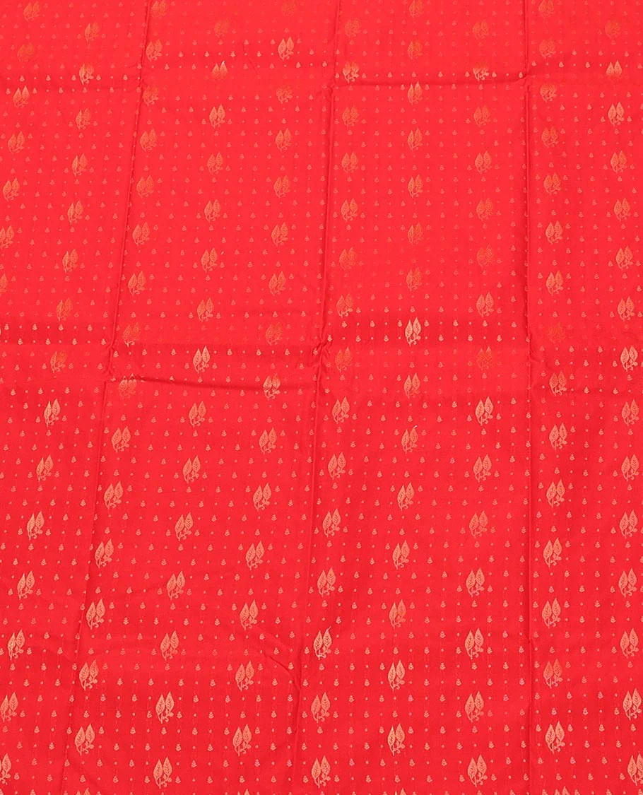 Red Art Silk Pavadai Material Set, Uniquely Detailed with Zari Buttas on Its Skirt, Complemented by a Contrast Traditional Zari Design Border, and Paired with a Contrast Blouse - Image 3