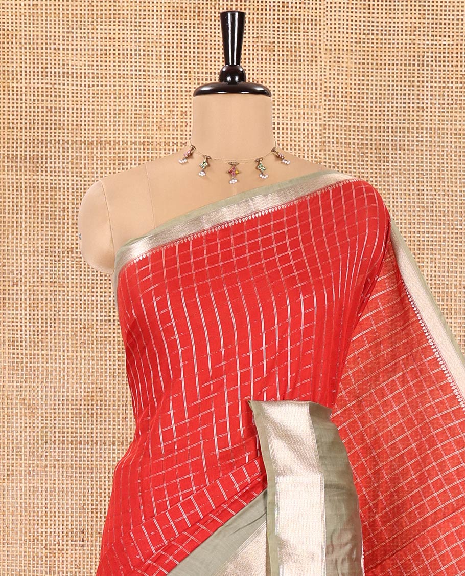 Red Assam Silk Saree, Decorated with Micro-Checked Zari Design All Over Its Body, Complemented by a Contrast Traditional Design Rettai Pettu Border, Zari Design Pallu, and Paired with a Contrast Blouse - Image 2