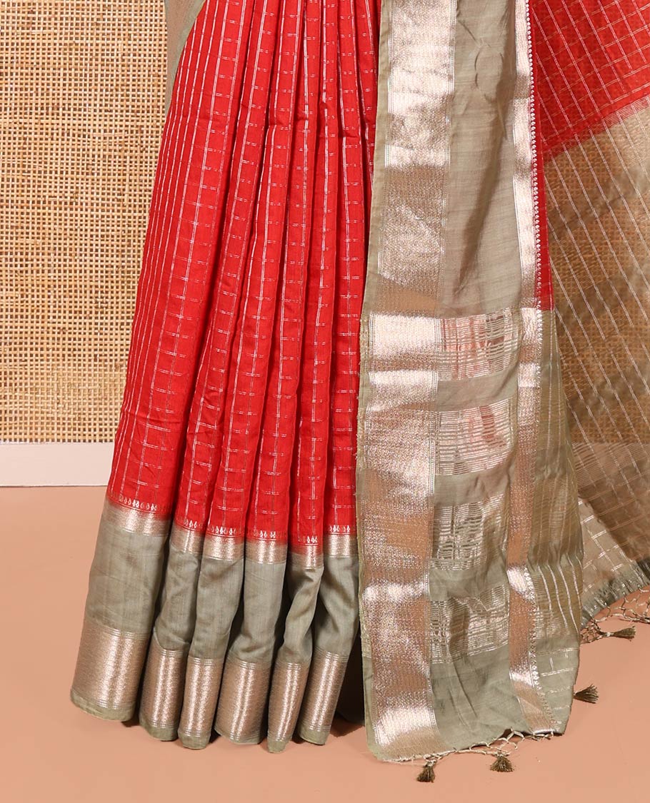 Red Assam Silk Saree, Decorated with Micro-Checked Zari Design All Over Its Body, Complemented by a Contrast Traditional Design Rettai Pettu Border, Zari Design Pallu, and Paired with a Contrast Blouse - Image 3