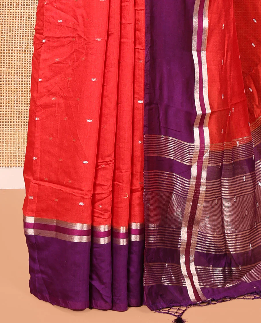 Red Assam Silk Saree, Elevated with Zari Buttas on Its Body, Complemented by Contrast Zari Striped Border, Pallu Steeped with Gleaming Zari Stripes and Buttas, and Paired with a Contrast Blouse - Image 3