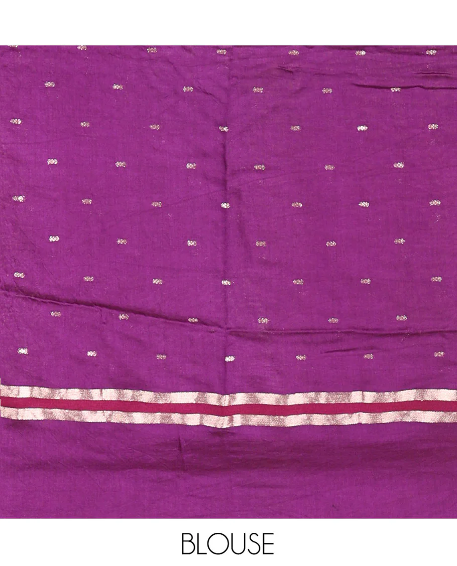 Red Assam Silk Saree, Elevated with Zari Buttas on Its Body, Complemented by Contrast Zari Striped Border, Pallu Steeped with Gleaming Zari Stripes and Buttas, and Paired with a Contrast Blouse - Image 4