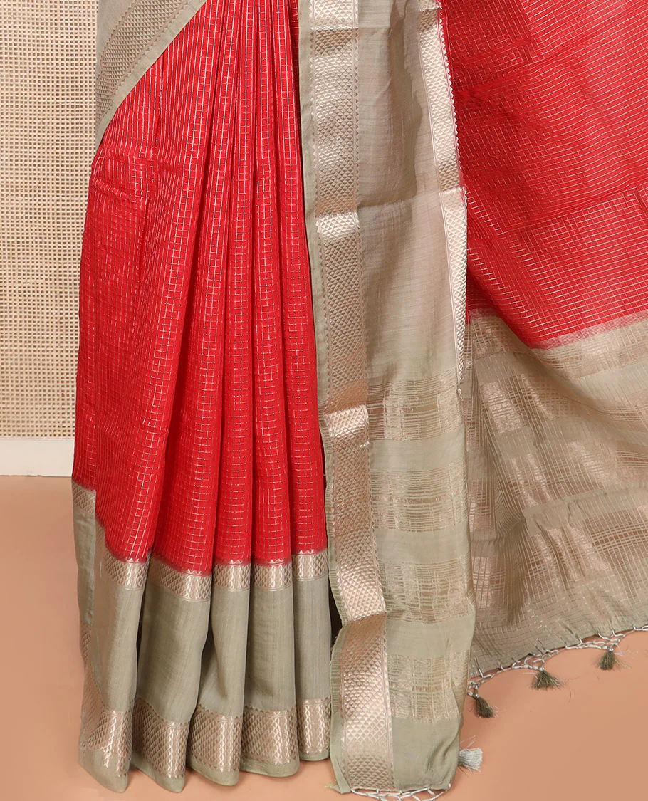 Red Assam Silk Saree Prettified with Zari Checks, Complemented by Contrast Zari Border of Triangle Motifs, a Gleaming Pallu of Zari Stripes, and Paired with a Contrast Blouse - Image 3