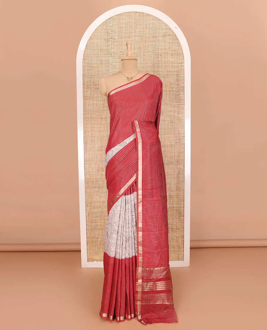 Red Assam Silk Saree Subtly Sparkled with Micro-Checks and Kalamkari Floral Prints, Featuring a Simple Piping Border, a Pallu Woven with Zari Stripes, Paired with a Matching Checked Blouse - Image 2