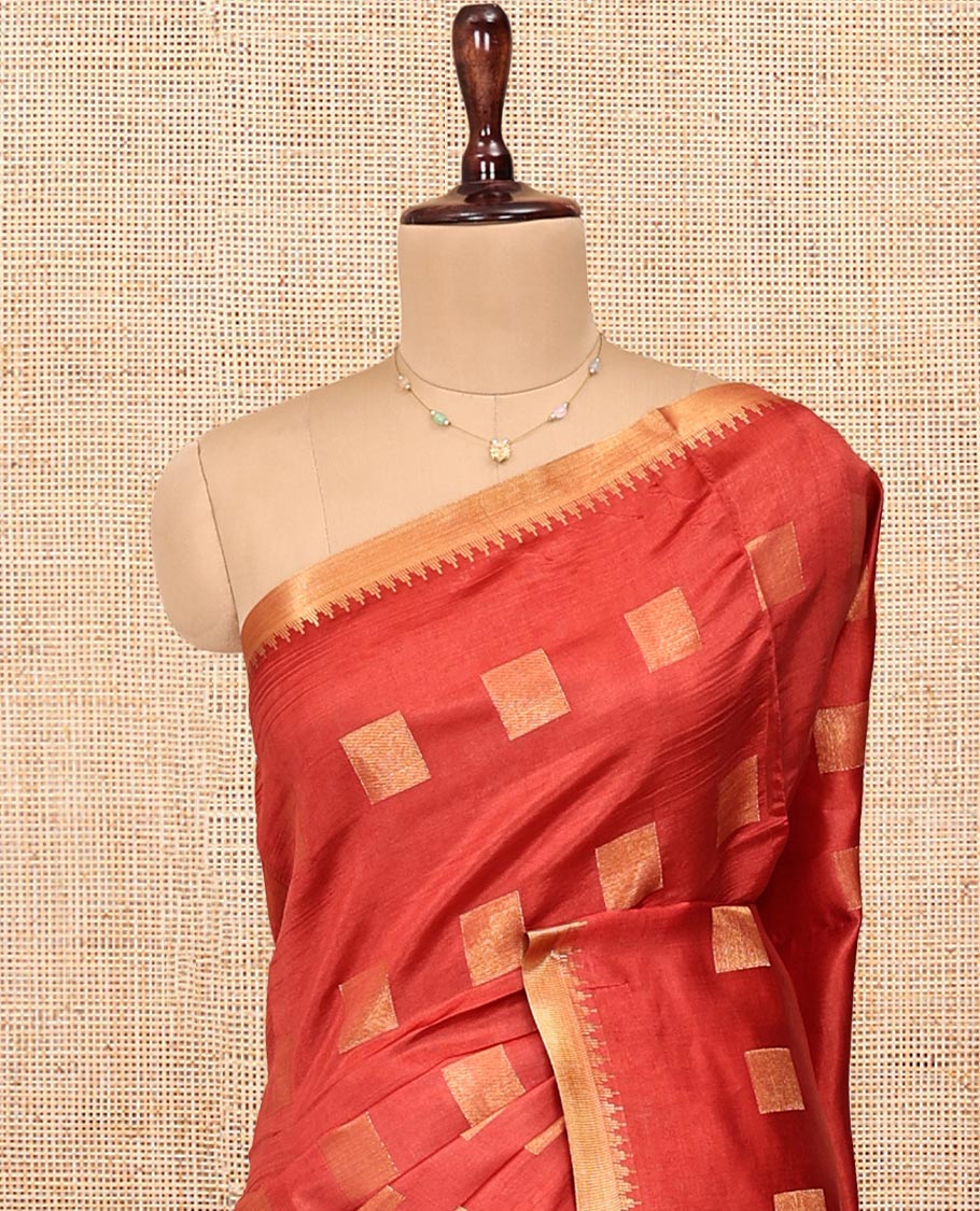 Red Banana Pith Saree, Adorned with Square Buttas All Over Its Body, Highlighted by a Zari Temple Border, Gleaming Zari Striped Pallu, and Paired with a Matching Blouse - Image 2