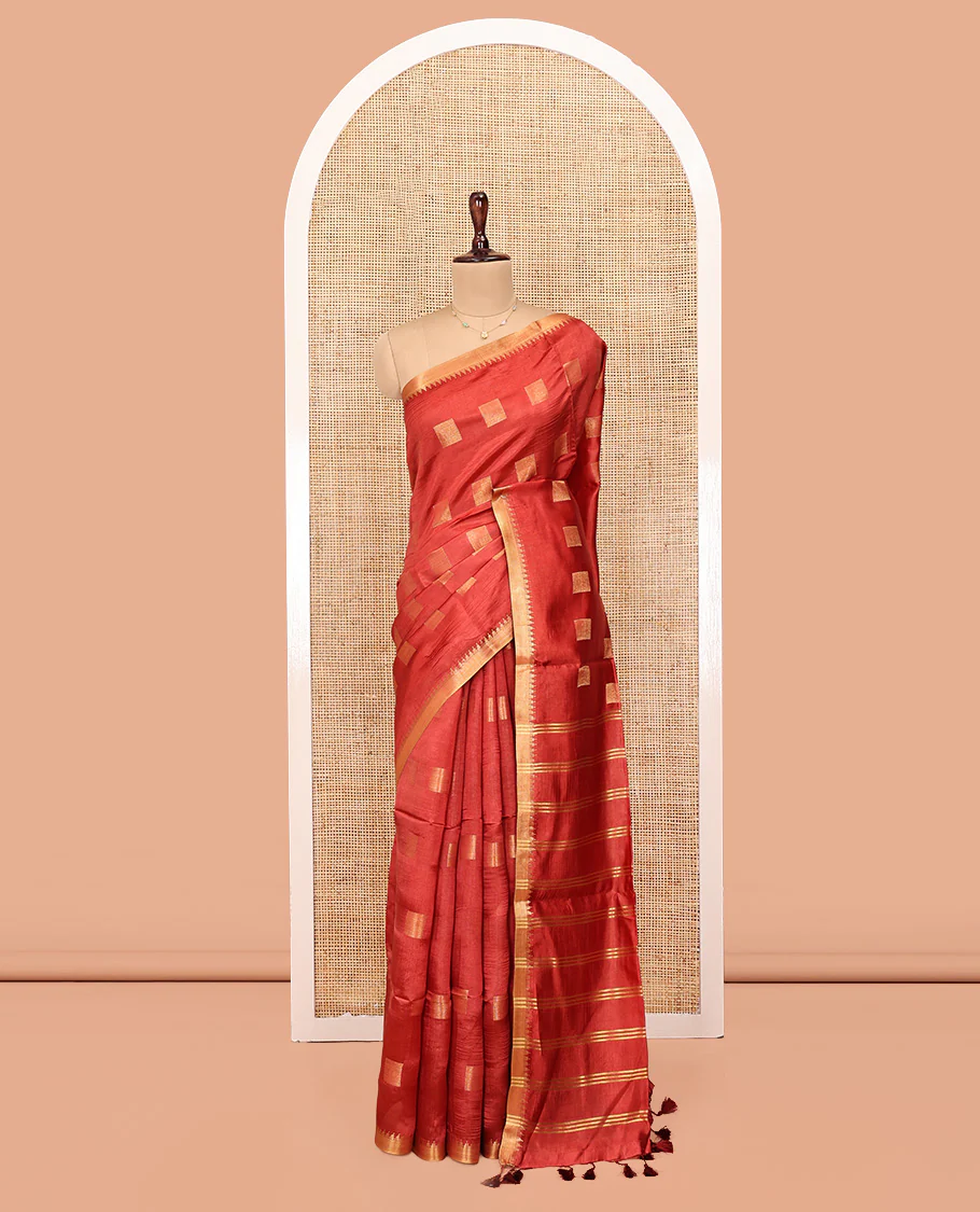 Red Banana Pith Saree, Adorned with Square Buttas All Over Its Body, Highlighted by a Zari Temple Border, Gleaming Zari Striped Pallu, and Paired with a Matching Blouse - Image 3