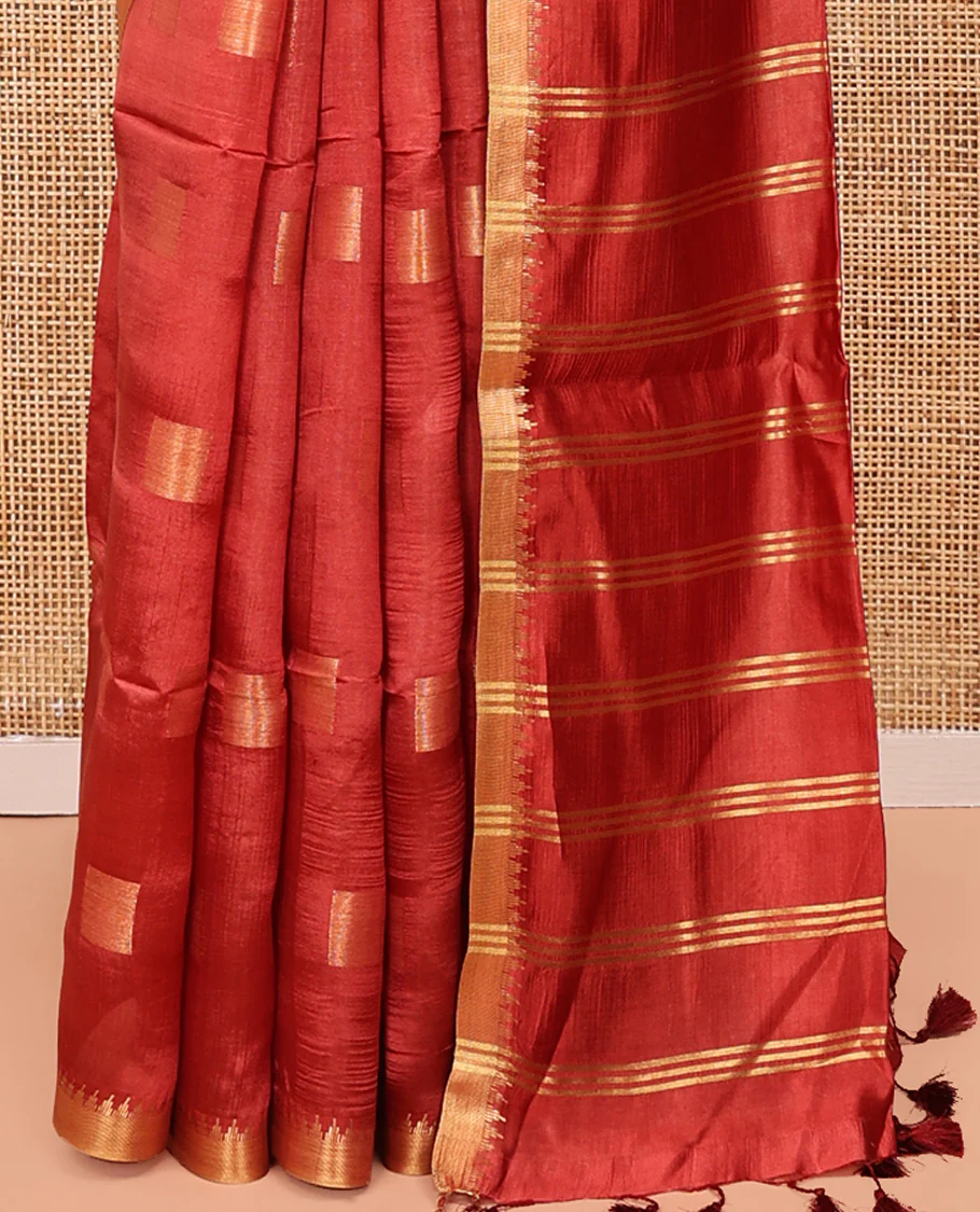 Red Banana Pith Saree, Adorned with Square Buttas All Over Its Body, Highlighted by a Zari Temple Border, Gleaming Zari Striped Pallu, and Paired with a Matching Blouse - Image 4
