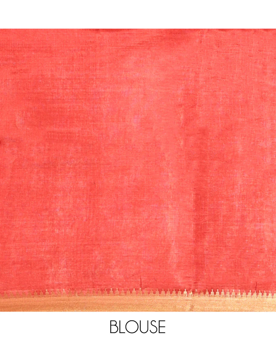 Red Banana Pith Saree, Adorned with Square Buttas All Over Its Body, Highlighted by a Zari Temple Border, Gleaming Zari Striped Pallu, and Paired with a Matching Blouse - Image 5