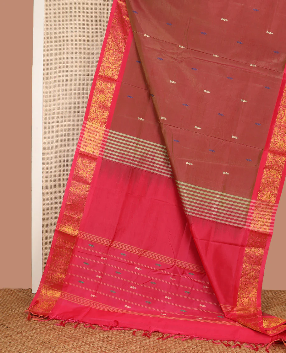 Red Banana Pith Saree, Beautified with Thread Buttas All Over Its Body, Complemented by a Contrast Floral Creeper Design Woven Border, Pallu Steeped with Stripes and Buttas, and Paired with a Contrast Blouse - Image 2