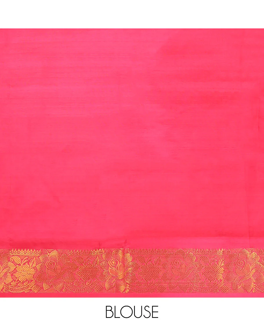Red Banana Pith Saree, Beautified with Thread Buttas All Over Its Body, Complemented by a Contrast Floral Creeper Design Woven Border, Pallu Steeped with Stripes and Buttas, and Paired with a Contrast Blouse - Image 3