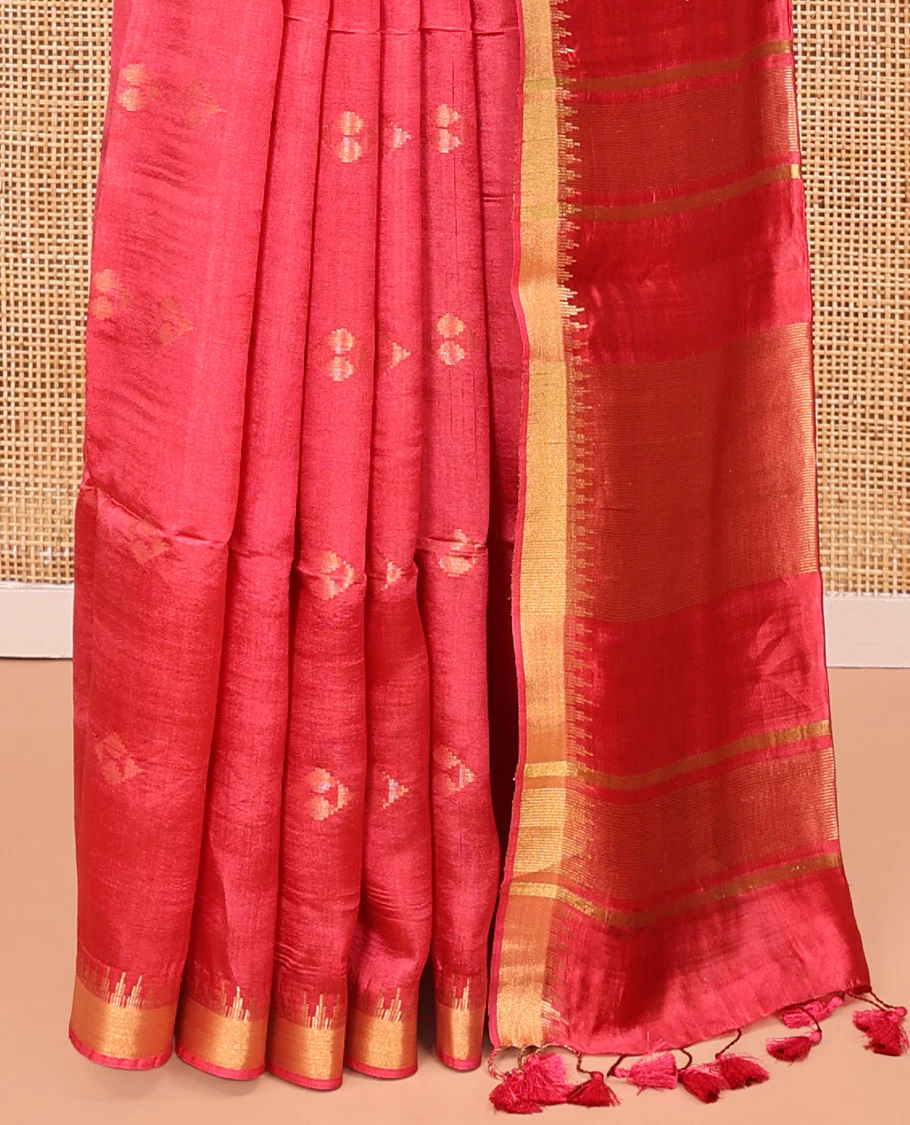 Red Banana Pith Saree, Detailed with Diamond Buttas on Its Body, Subtle Temple Border, Pallu Steeped with Zari Stripes, and Paired with a Matching Blouse - Image 4