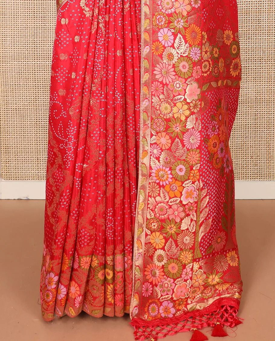 Red bandhani dottes with jaal design dola silk saree, meenakari floral design border, and pallu of bandhani dottes, and meenakari floral design - Image 4