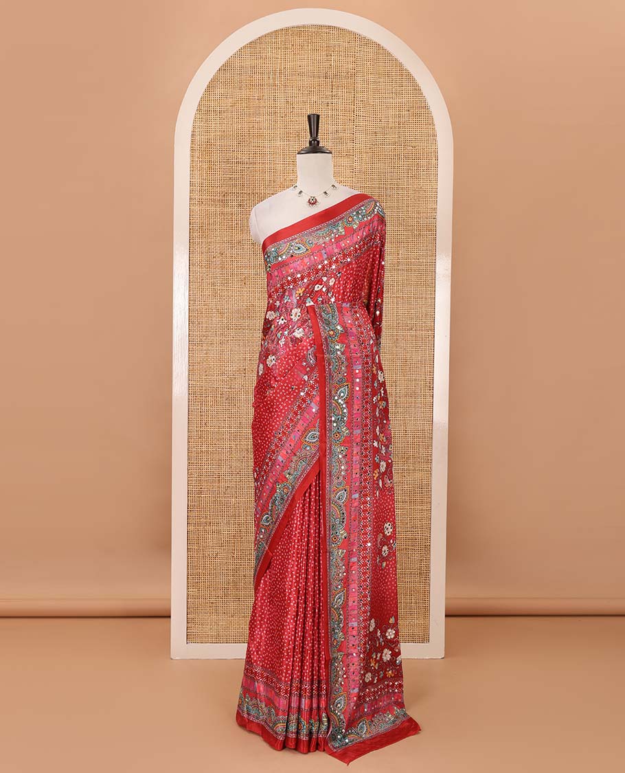 Red-base floral bandhani-theme printed & real mirror embroidery masakali saree, self-border, printed mirror work pallu & matching blouse - Image 2