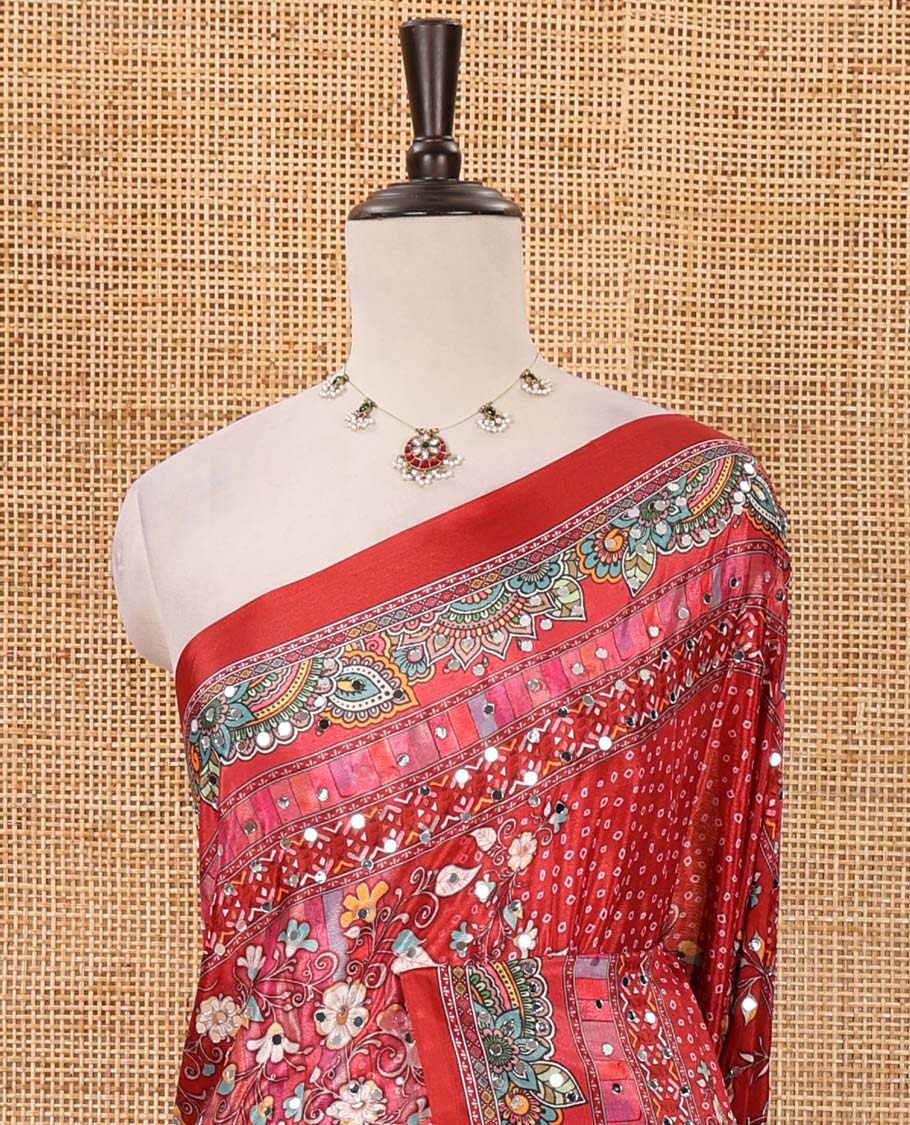 Red-base floral bandhani-theme printed & real mirror embroidery masakali saree, self-border, printed mirror work pallu & matching blouse - Image 3
