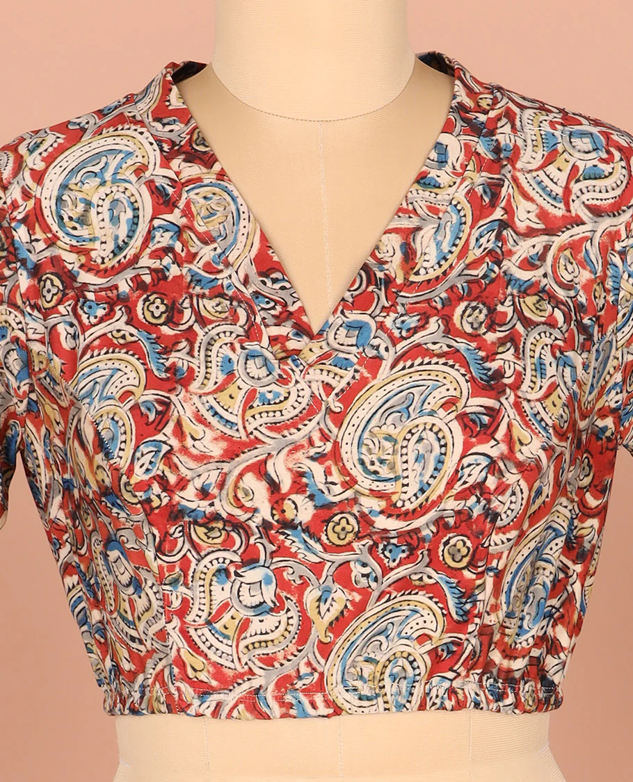 Red-base Readymade Blouse Elegantly Printed with Floral-Paisley Vine, Featuring a Front V-Neck, a Back Closed Neck, and Full Sleeves - Image 3