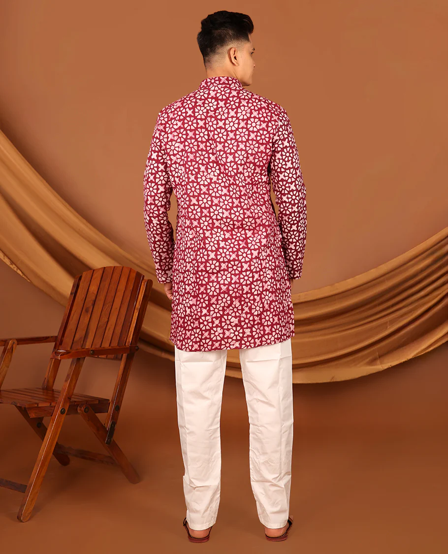 Red Batik-Style Printed Full-Sleeved Men's Kurta - Image 6
