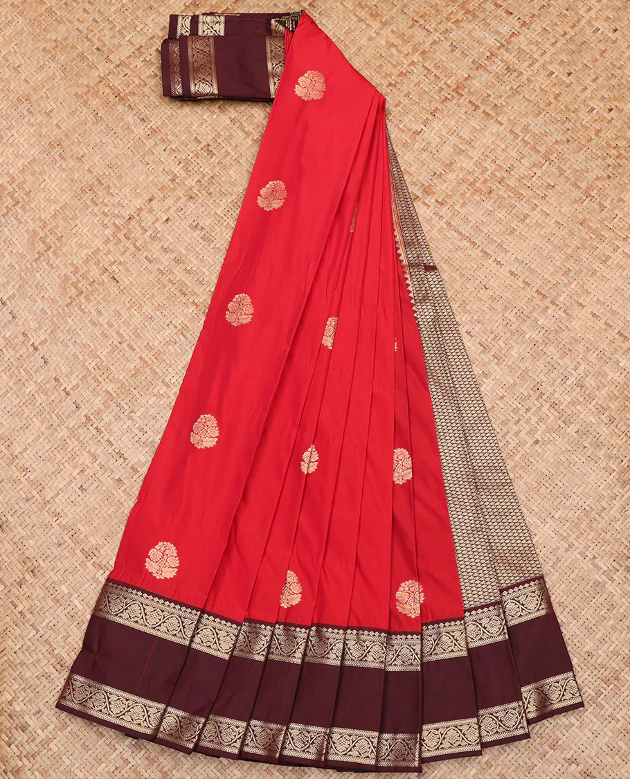Red Budget Silk Saree, Accentuated with Zari Buttas All Over Its Body, Complemented by a Contrast Traditional Zari Rettai Pettu Border of Floral Creeper Designs, Gleaming Jaal Pallu, and Paired with a Contrast Blouse - Image 2