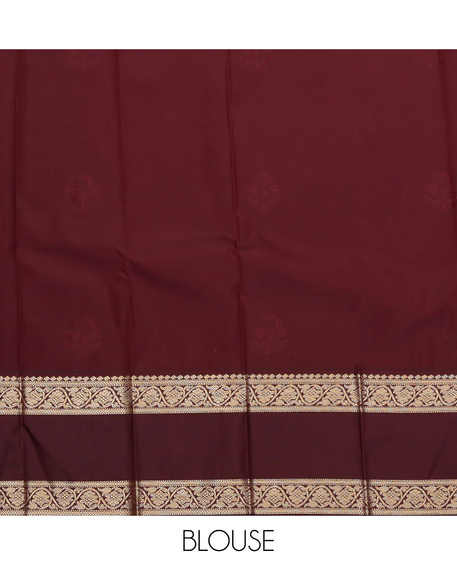 Red Budget Silk Saree, Accentuated with Zari Buttas All Over Its Body, Complemented by a Contrast Traditional Zari Rettai Pettu Border of Floral Creeper Designs, Gleaming Jaal Pallu, and Paired with a Contrast Blouse - Image 4
