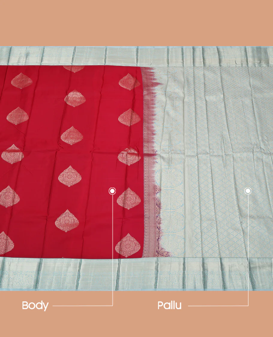 Red Budget Silk Saree, Accentuated With Zari Buttas All Over Its Body, Complemented by Contrast Traditional Zari Designs Woven Border, Grand Jaal Pallu and Paired with a Contrast Blouse - Image 3