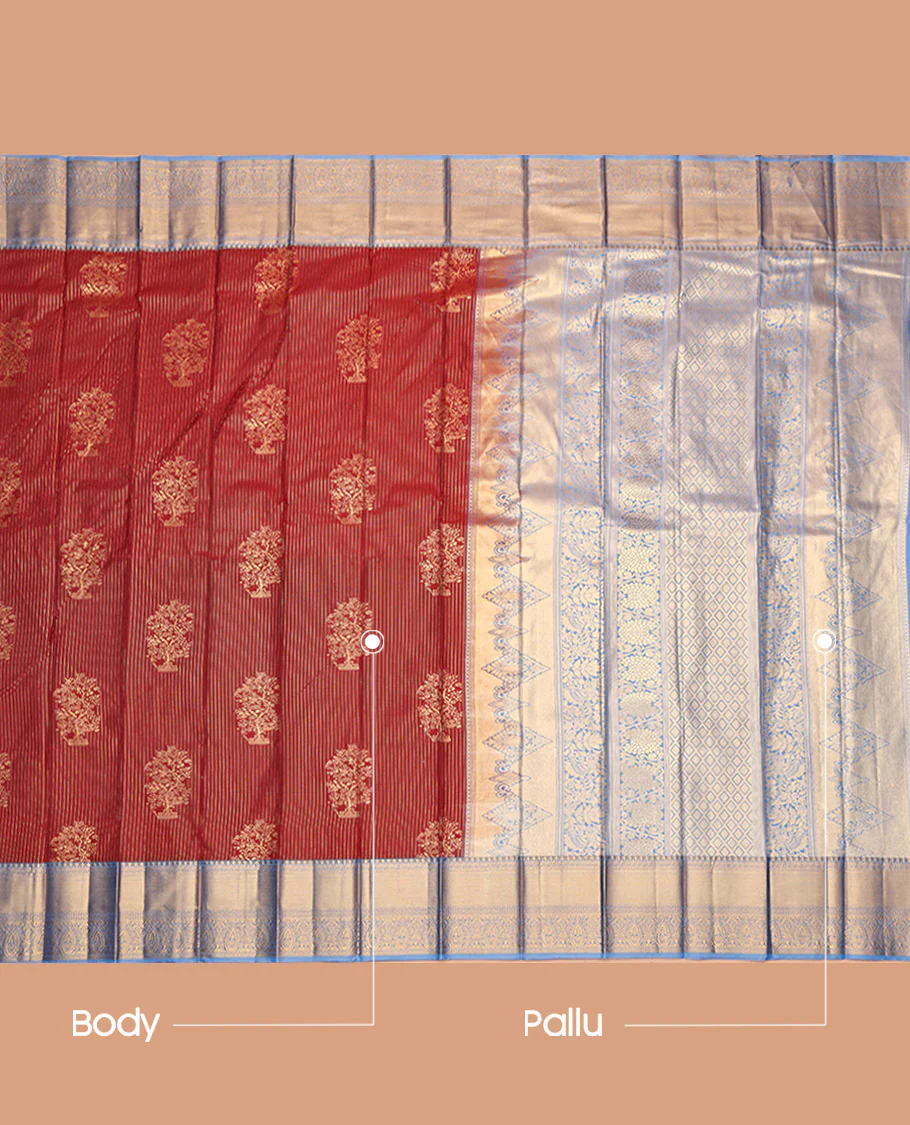 Red Budget Silk Saree, Adorned with Zari Buttas and Stripes, Contrast Traditional Zari Border, Jaal Pallu, and a Contrast Blouse - Image 3