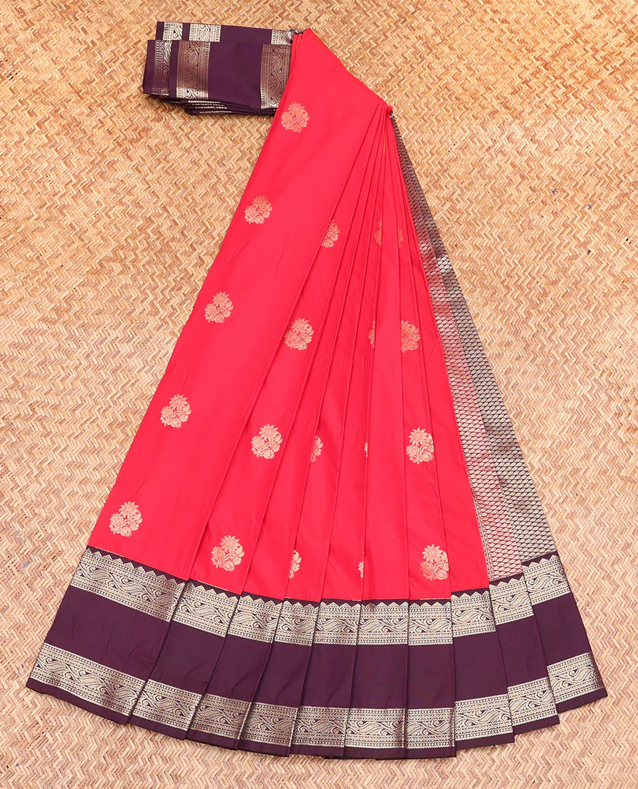 Red Budget Silk Saree, Adorned with Zari Buttas, Complemented by Contrast Traditional Design Rettai Pettu Border, Grand Pallu, and a Contrast Blouse - Image 2